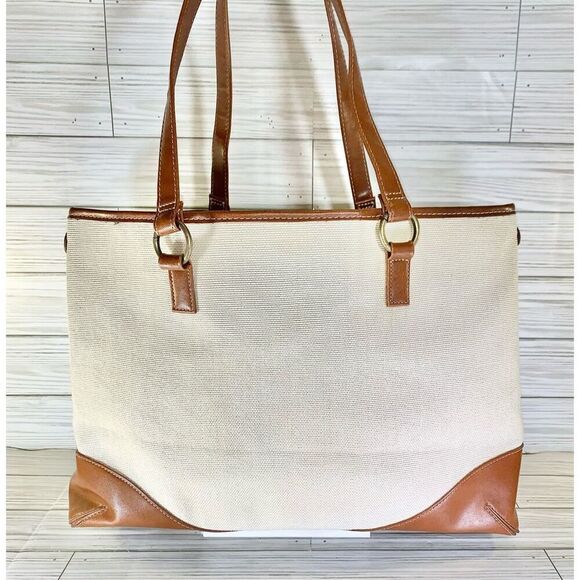 057-Coldwater Creek Neutral Canvas & Browm Butterfly Vegan Leather & Brass Trim - Picture 2 of 9